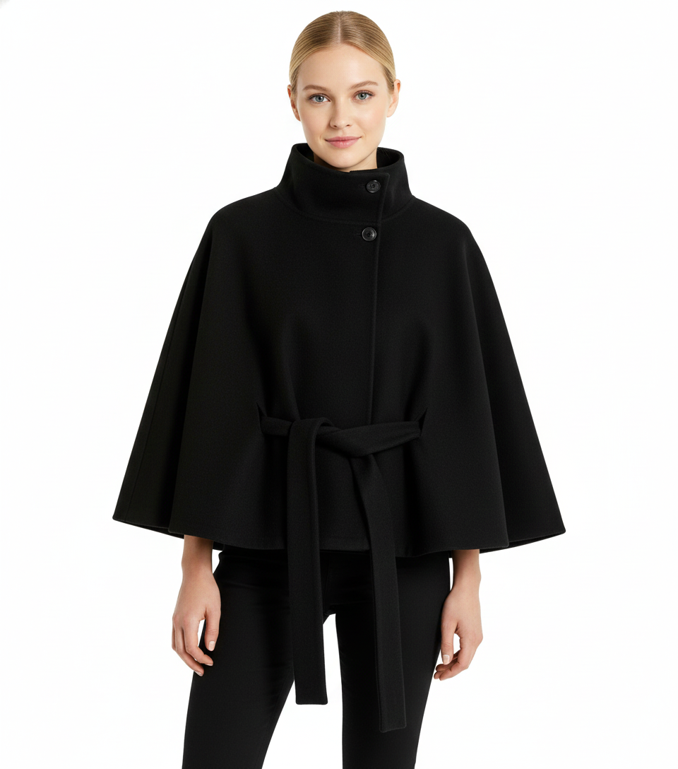 Women's belted high collar cape coat with wide sleeves and button front