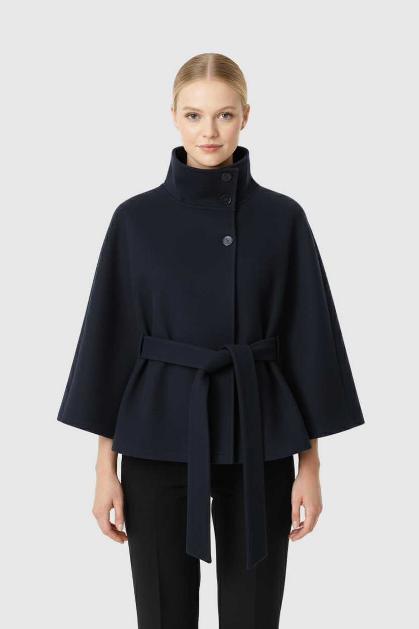 Women's belted high collar cape coat with wide sleeves and button front