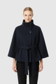 Women's belted high collar cape coat with wide sleeves and button front