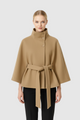 Women's belted high collar cape coat with wide sleeves and button front