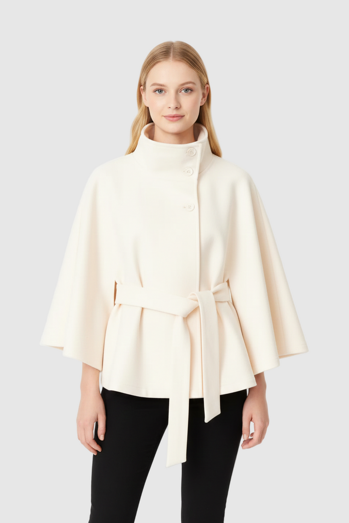 Women's belted high collar cape coat with wide sleeves and button front