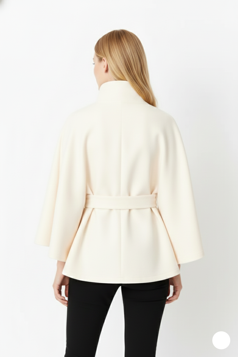 Women's belted high collar cape coat with wide sleeves and button front