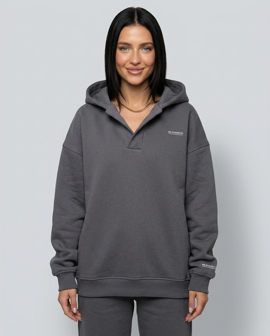 Women's oversized long-sleeve hooded lounge hoodie with ribbed cuffs and hem