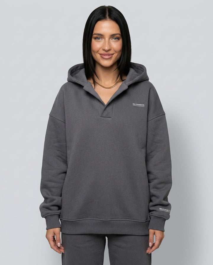 Women's oversized long-sleeve hooded lounge hoodie with ribbed cuffs and hem