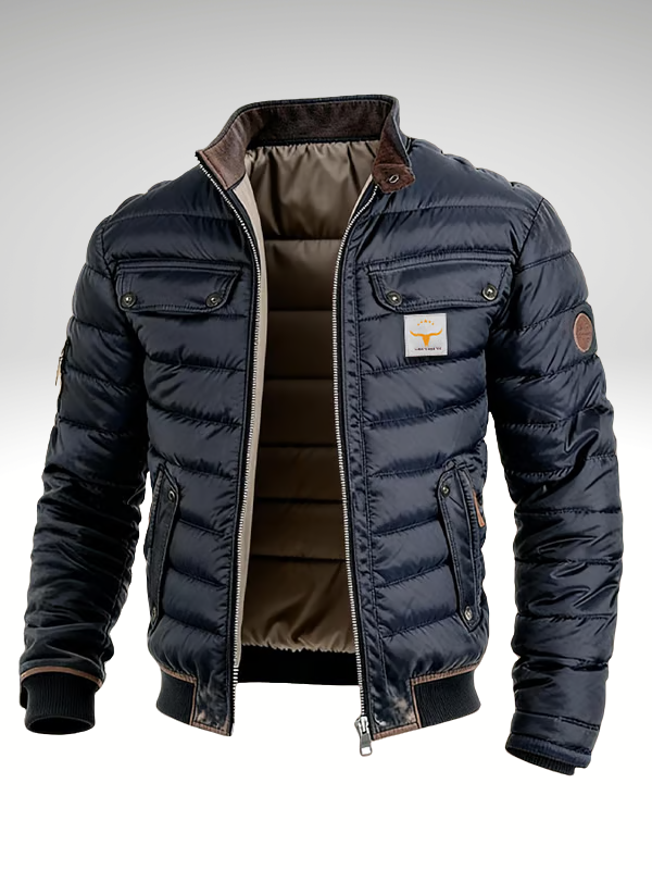Men's navy quilted puffer jacket with stand collar and pockets
