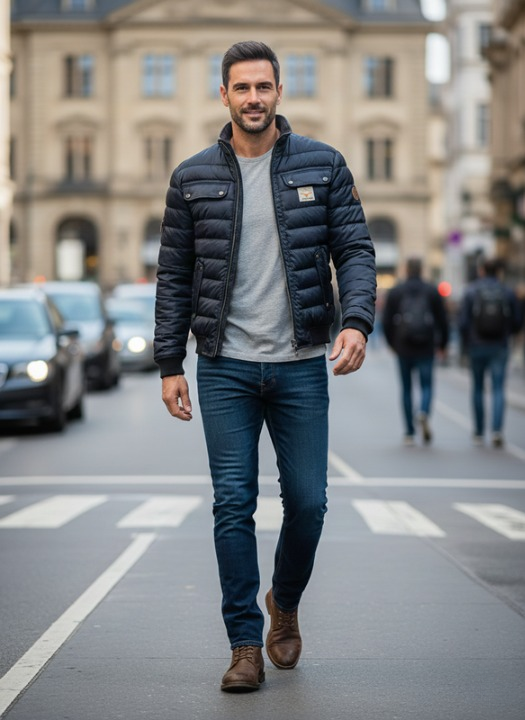 Men's navy quilted puffer jacket with stand collar and pockets