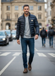 Men's navy quilted puffer jacket with stand collar and pockets