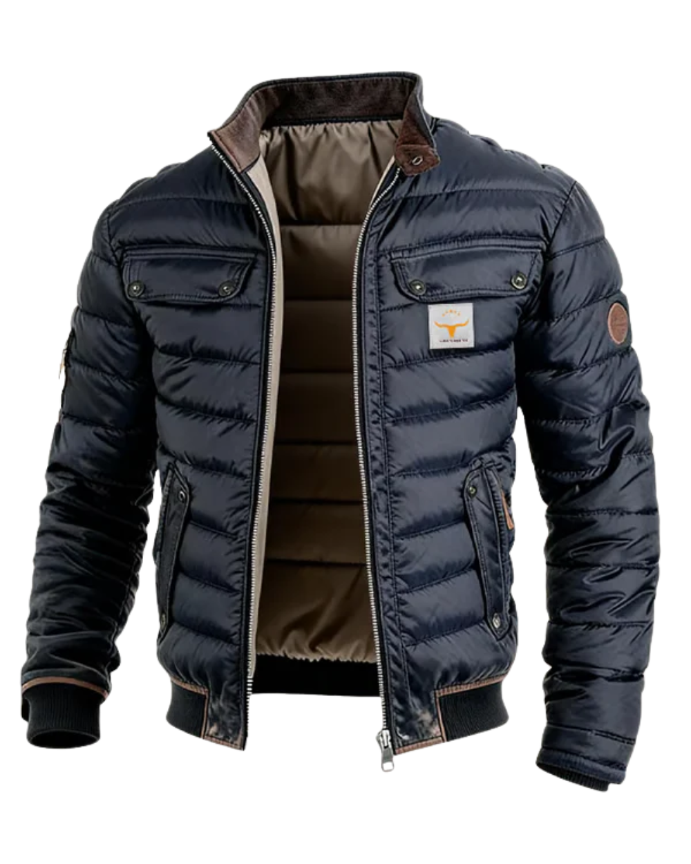 Men's navy quilted puffer jacket with stand collar and pockets