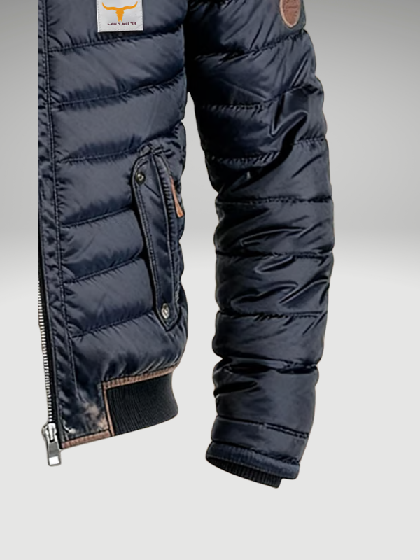 Men's navy quilted puffer jacket with stand collar and pockets