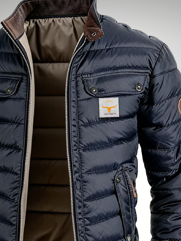 Men's navy quilted puffer jacket with stand collar and pockets