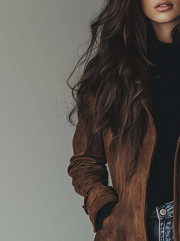 Women's long button-front trench coat with lapel collar and side pockets