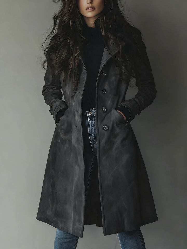 Women's long button-front trench coat with lapel collar and side pockets