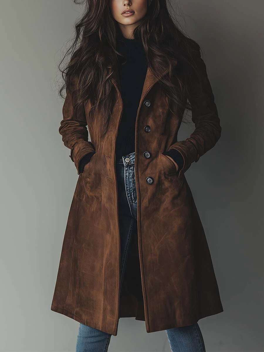 Women's long button-front trench coat with lapel collar and side pockets