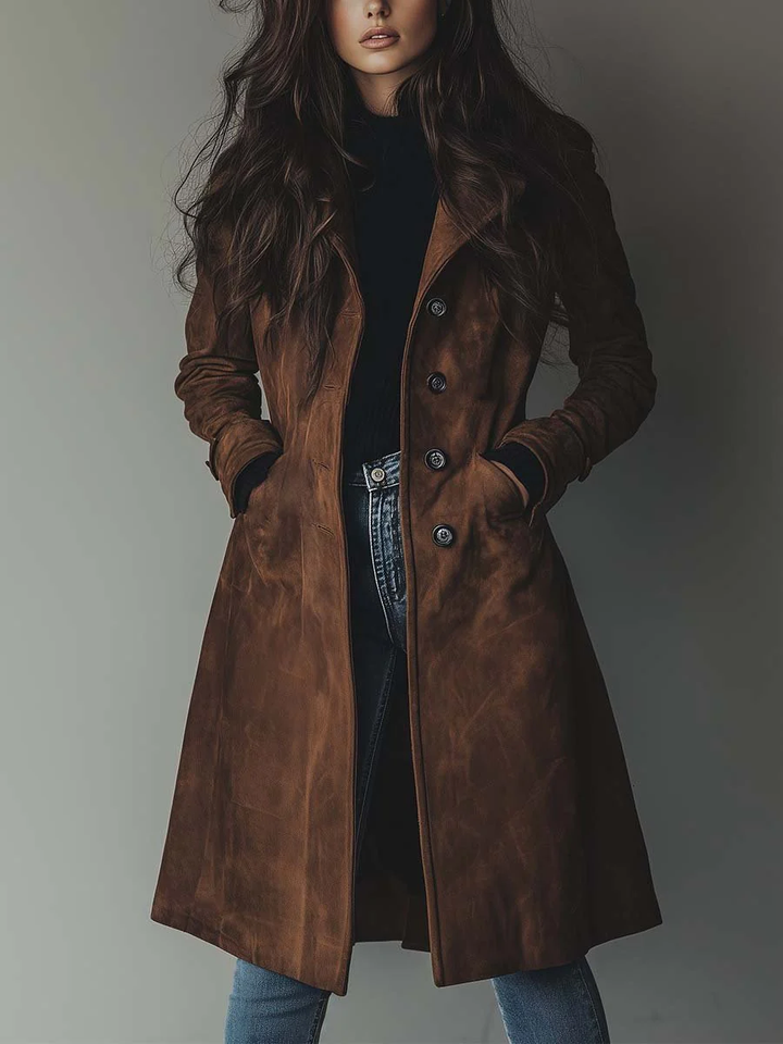 Women's long button-front trench coat with lapel collar and side pockets