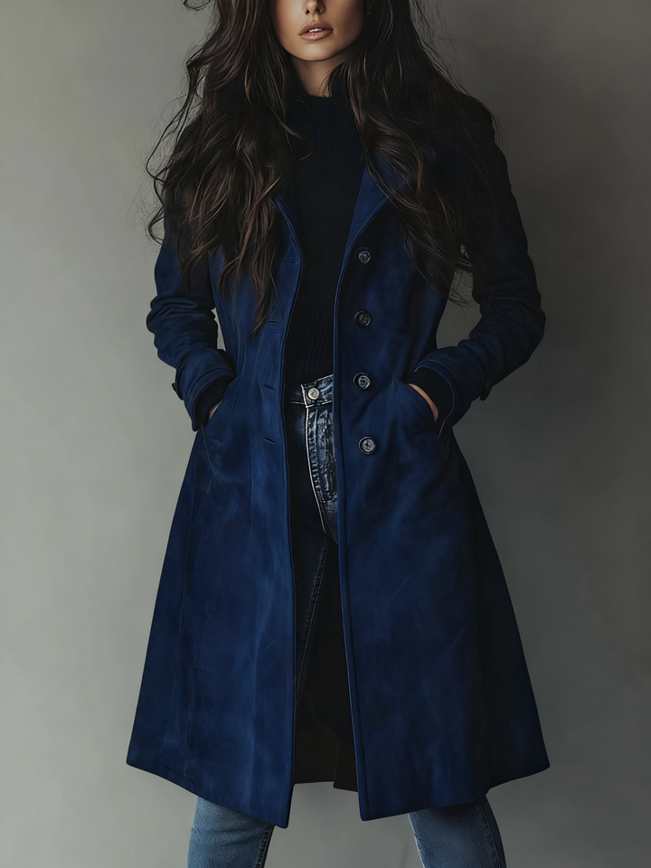 Women's long button-front trench coat with lapel collar and side pockets