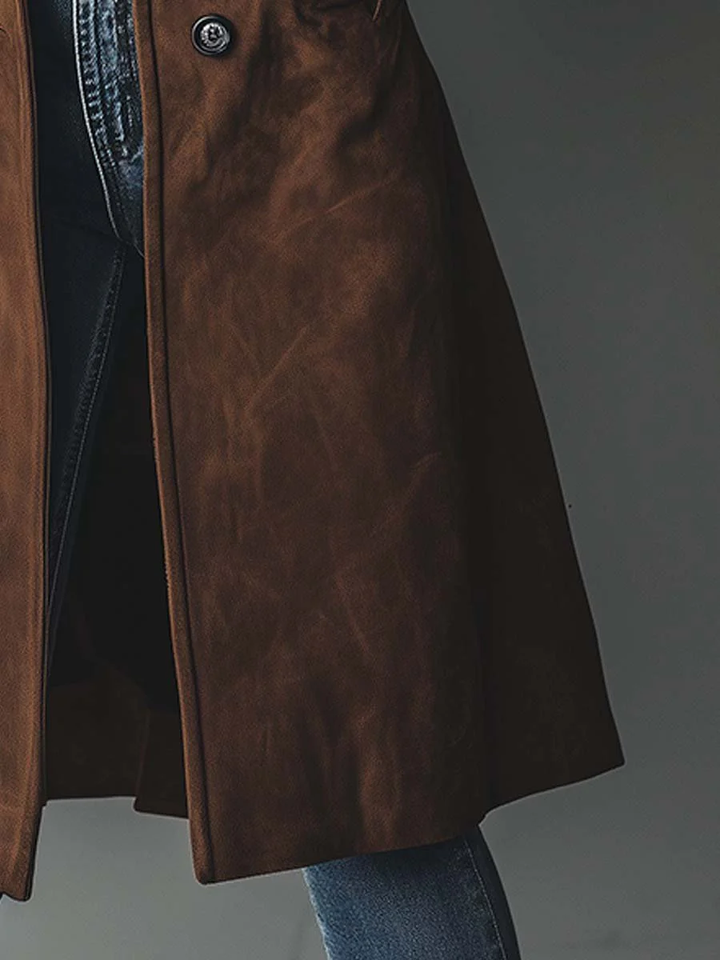 Women's long button-front trench coat with lapel collar and side pockets