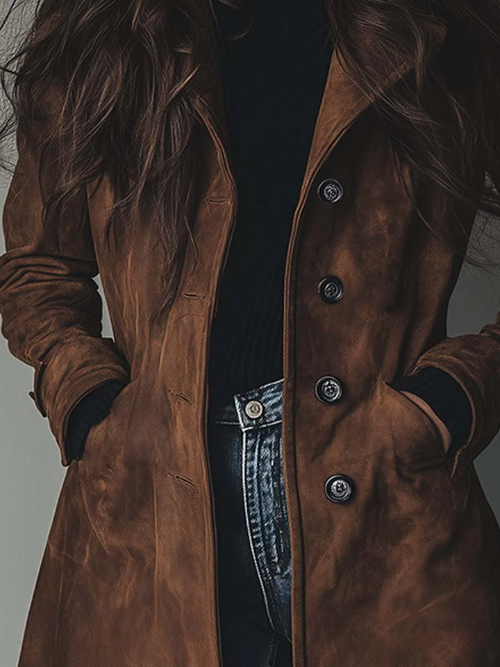 Women's long button-front trench coat with lapel collar and side pockets