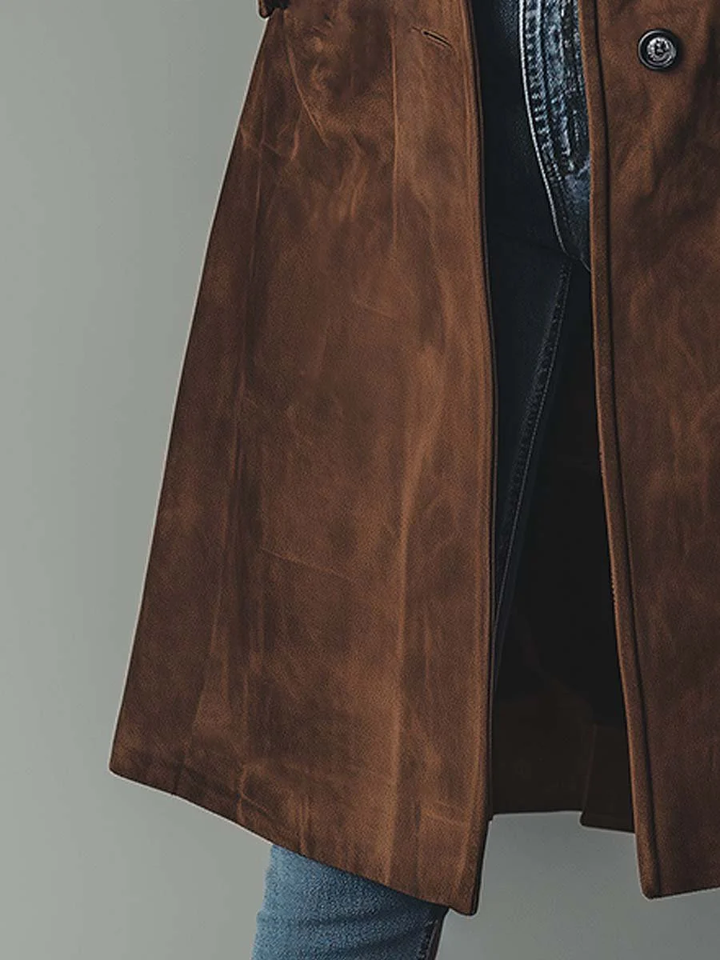 Women's long button-front trench coat with lapel collar and side pockets