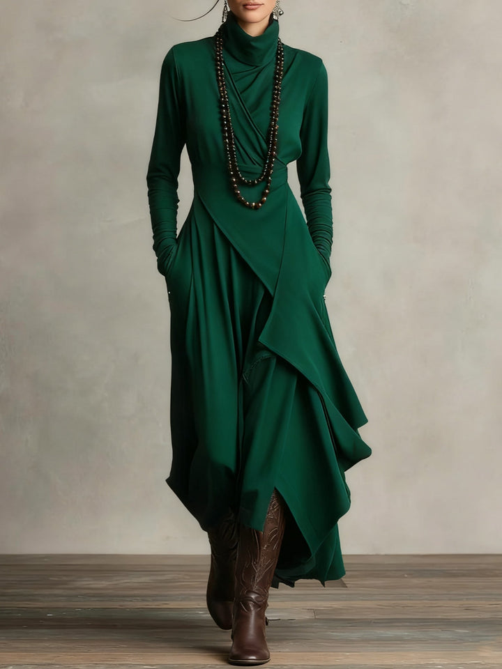 Women's asymmetrical turtleneck maxi dress with draped front and side pockets