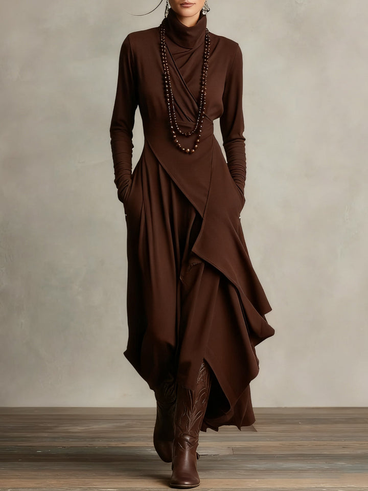 Women's asymmetrical turtleneck maxi dress with draped front and side pockets