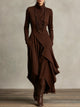 Women's asymmetrical turtleneck maxi dress with draped front and side pockets