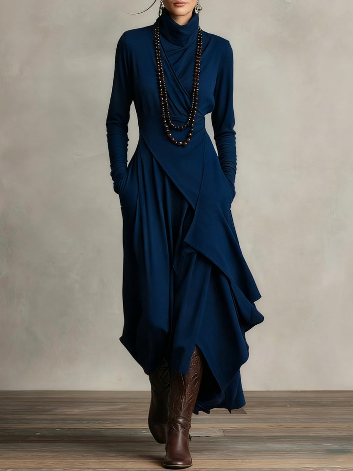 Women's asymmetrical turtleneck maxi dress with draped front and side pockets