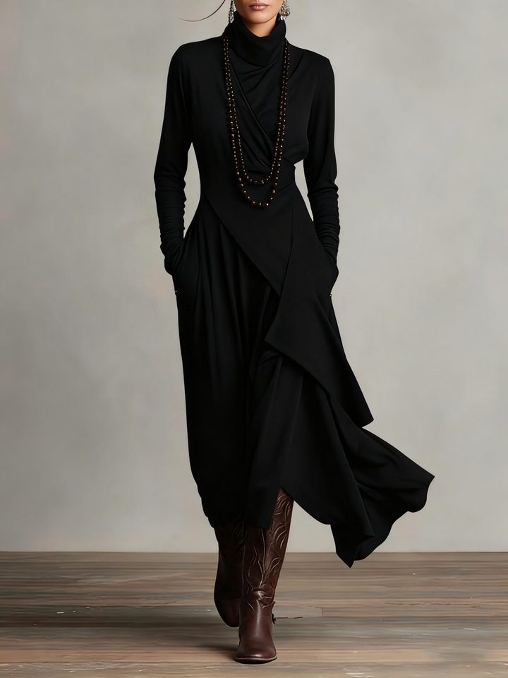 Women's asymmetrical turtleneck maxi dress with draped front and side pockets