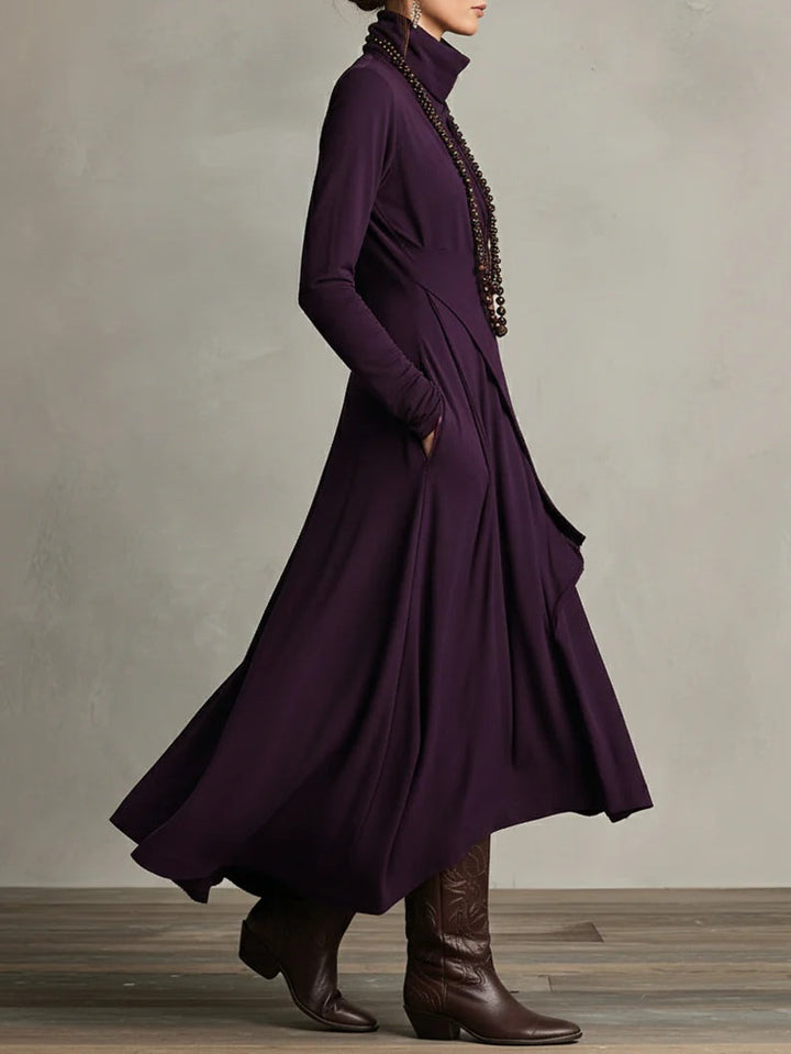 Women's asymmetrical turtleneck maxi dress with draped front and side pockets