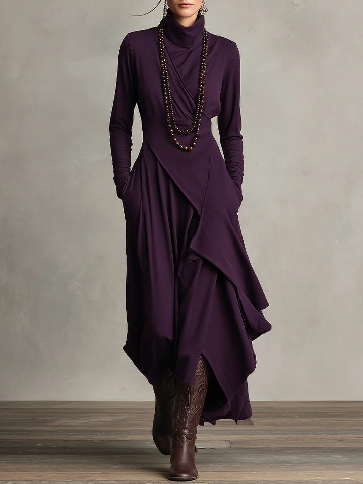 Women's asymmetrical turtleneck maxi dress with draped front and side pockets