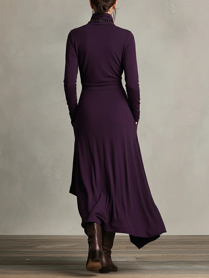 Women's asymmetrical turtleneck maxi dress with draped front and side pockets