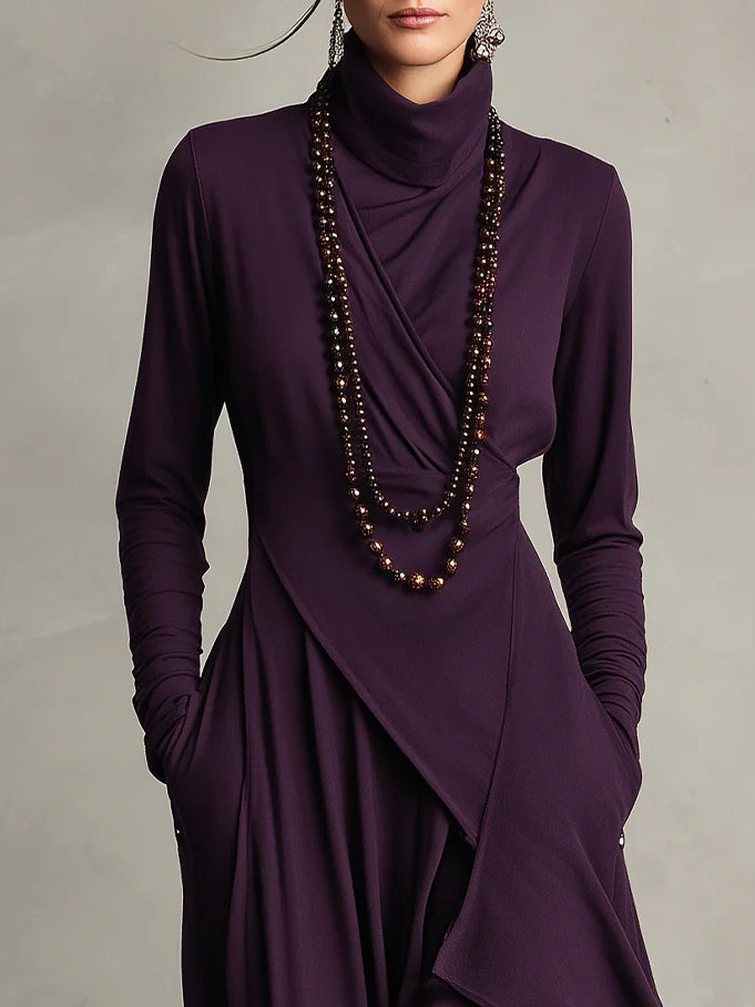Women's asymmetrical turtleneck maxi dress with draped front and side pockets