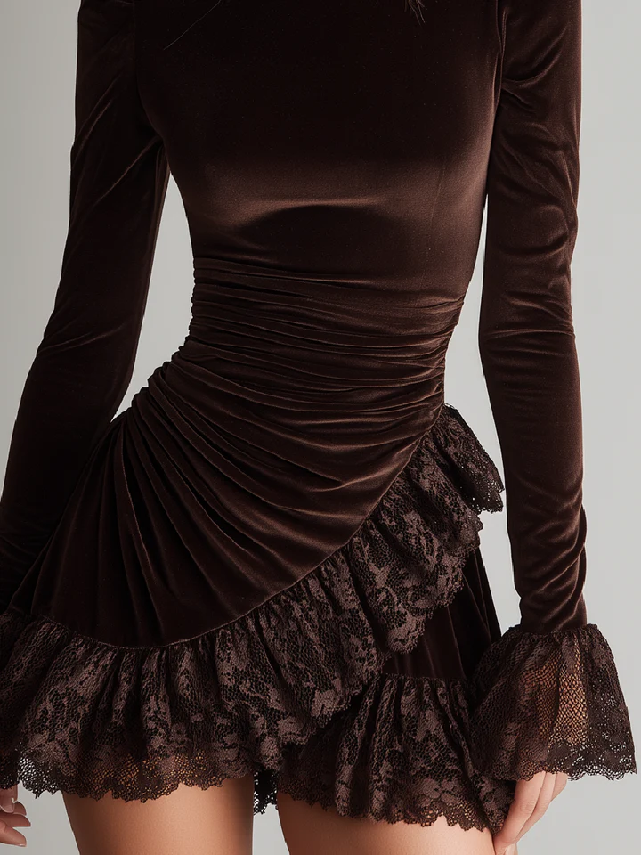Women's dark brown velvet turtleneck mini dress with ruched waist and lace ruffle hem