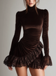 Women's dark brown velvet turtleneck mini dress with ruched waist and lace ruffle hem