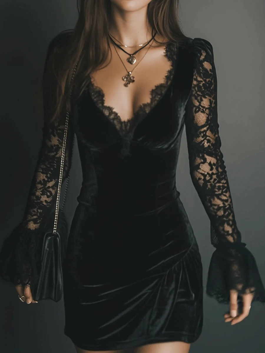 Women's black velvet mini dress with lace V-neckline and long sheer lace sleeves
