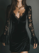 Women's black velvet mini dress with lace V-neckline and long sheer lace sleeves
