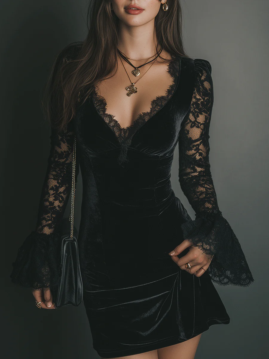 Women's black velvet mini dress with lace V-neckline and long sheer lace sleeves
