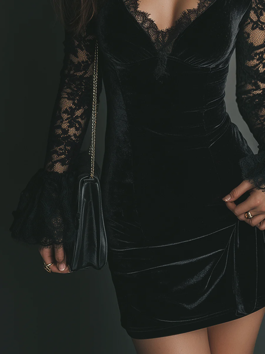 Women's black velvet mini dress with lace V-neckline and long sheer lace sleeves