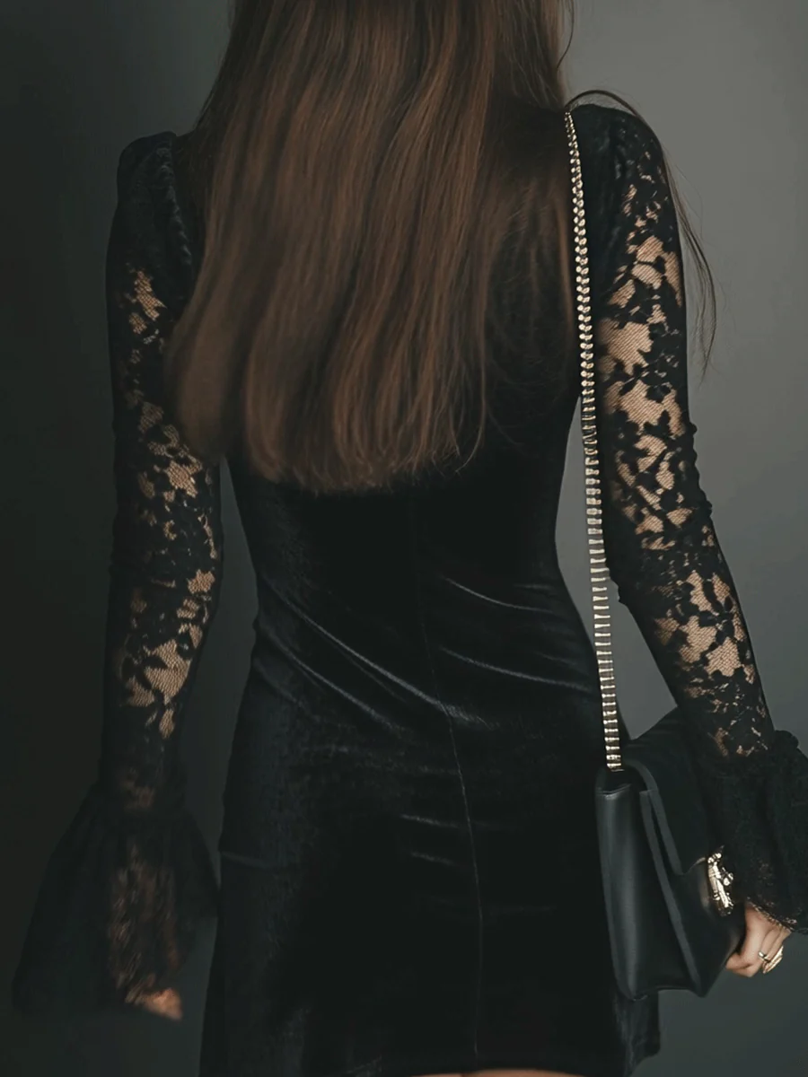 Women's black velvet mini dress with lace V-neckline and long sheer lace sleeves