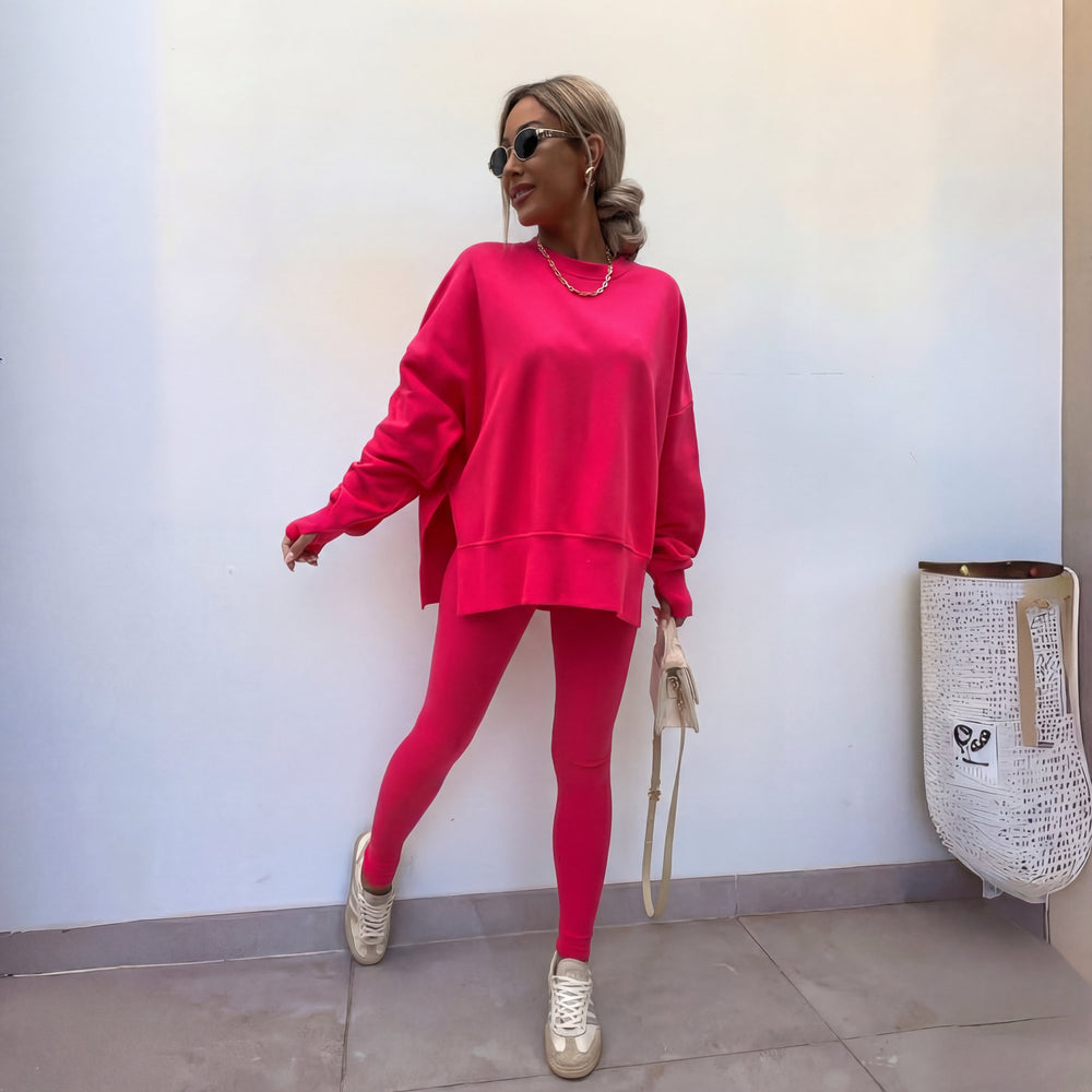 Women's long-sleeve sweatshirt and leggings set with crew neck