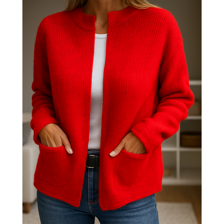 Women's ribbed knit zip-front cardigan with crew neck and patch pockets