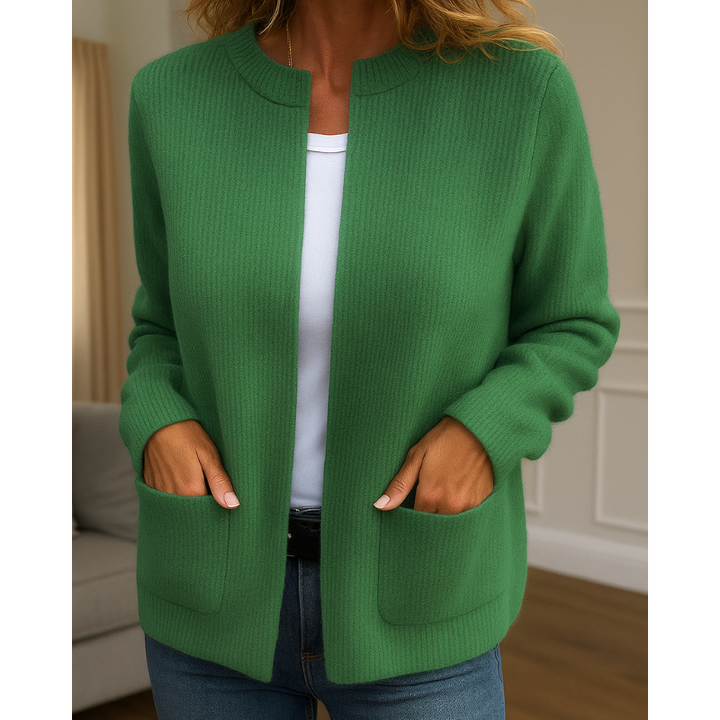 Women's ribbed knit zip-front cardigan with crew neck and patch pockets