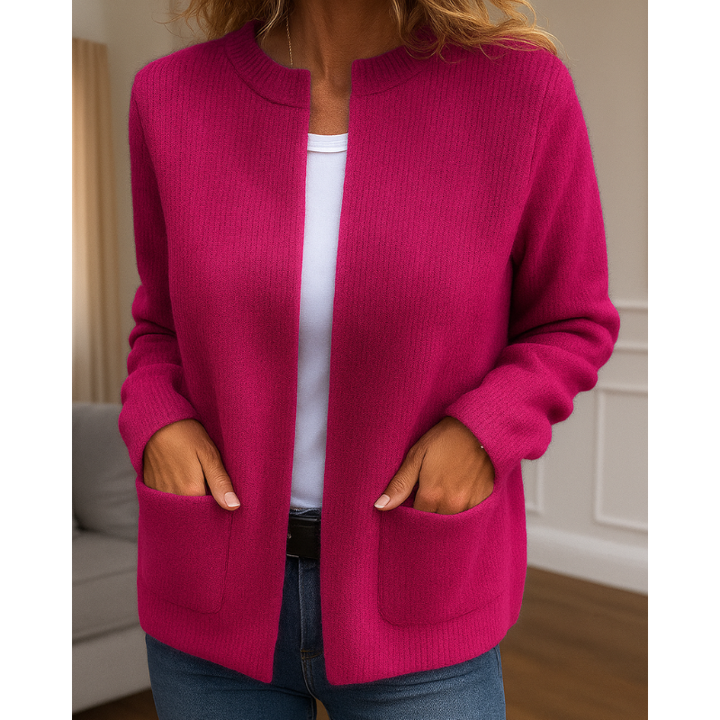 Women's ribbed knit zip-front cardigan with crew neck and patch pockets