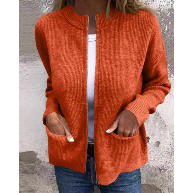Women's ribbed knit zip-front cardigan with crew neck and patch pockets