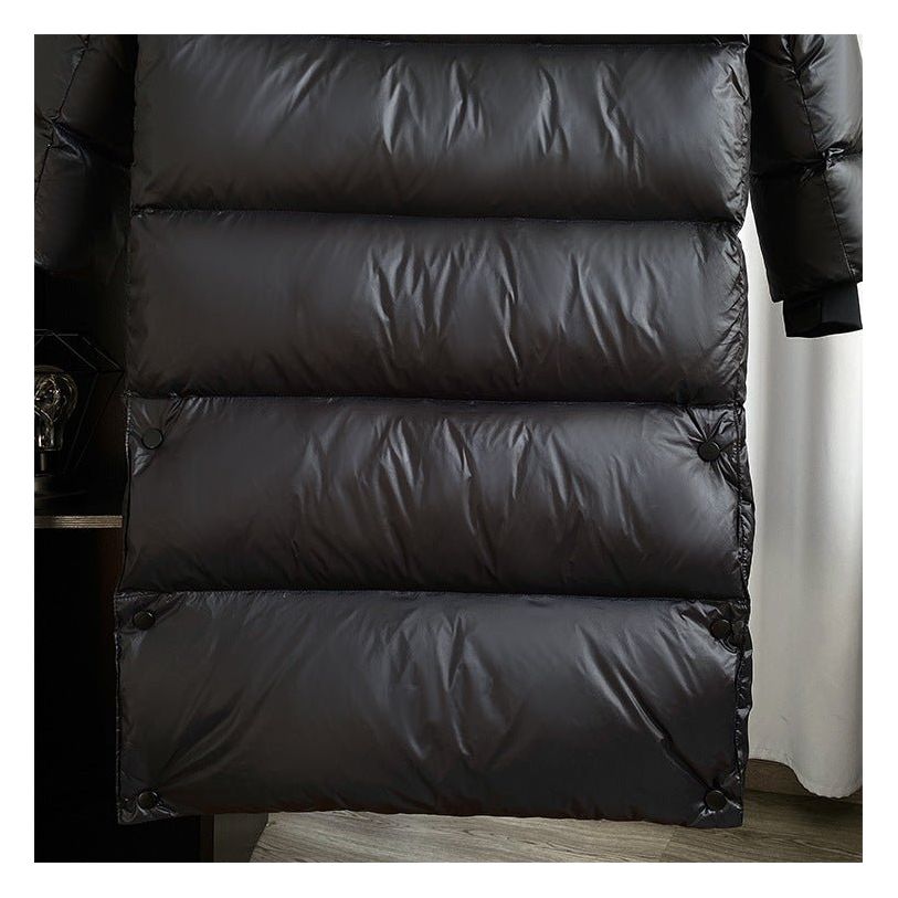 Women's black longline hooded puffer jacket with horizontal quilting