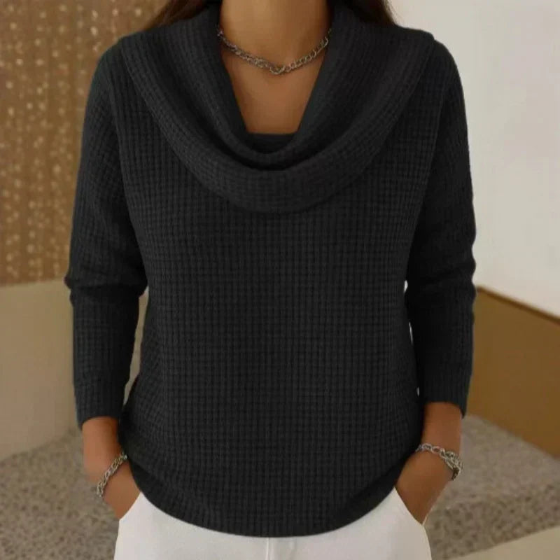 Women's waffle-knit jumper with draped cowl neckline and long sleeves