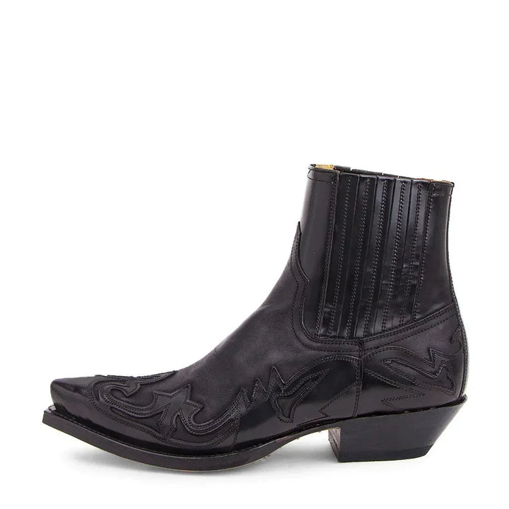 Men's western ankle boots with pointed toes, stitched motifs and low block heels