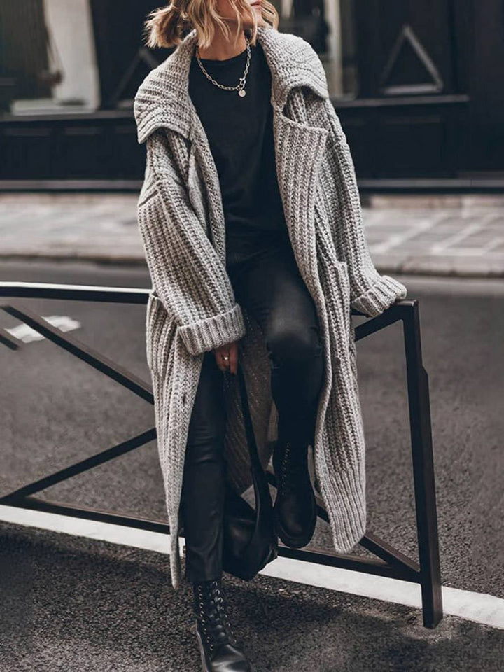 Women's oversized chunky rib-knit longline cardigan with shawl collar and front pockets