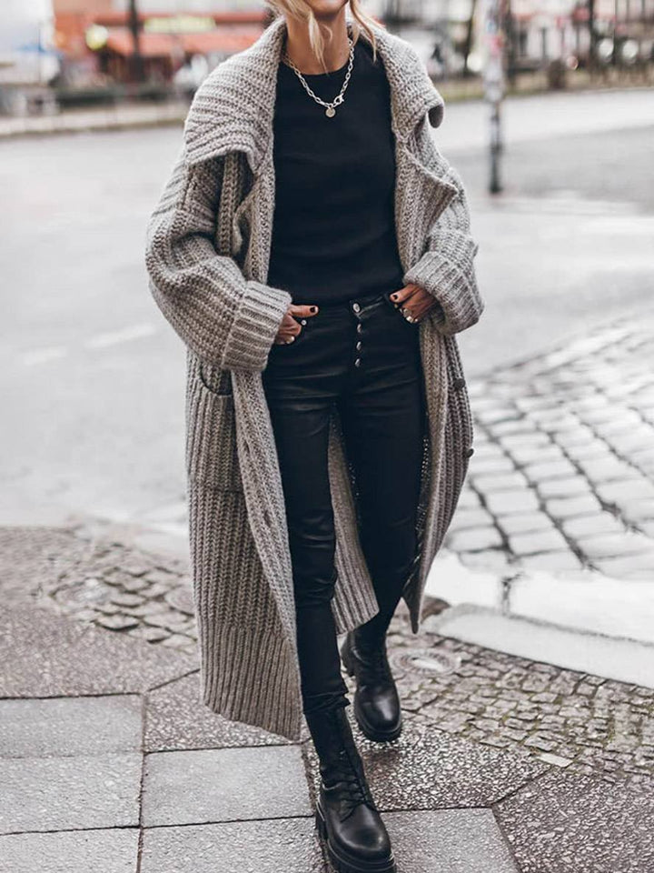 Women's oversized chunky rib-knit longline cardigan with shawl collar and front pockets