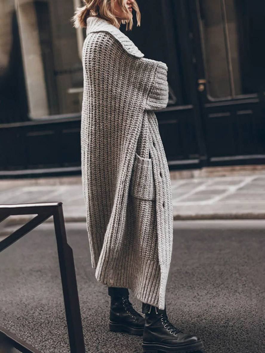 Women's oversized chunky rib-knit longline cardigan with shawl collar and front pockets