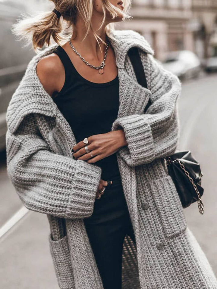 Women's oversized chunky rib-knit longline cardigan with shawl collar and front pockets